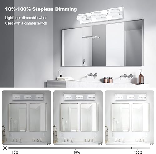 Miniatura 3 de Lámparas de baño regulables de 3 colores con temperatura sobre el espejo, luces LED cromadas de 3 luces, lámparas de tocador ovaladas de acero