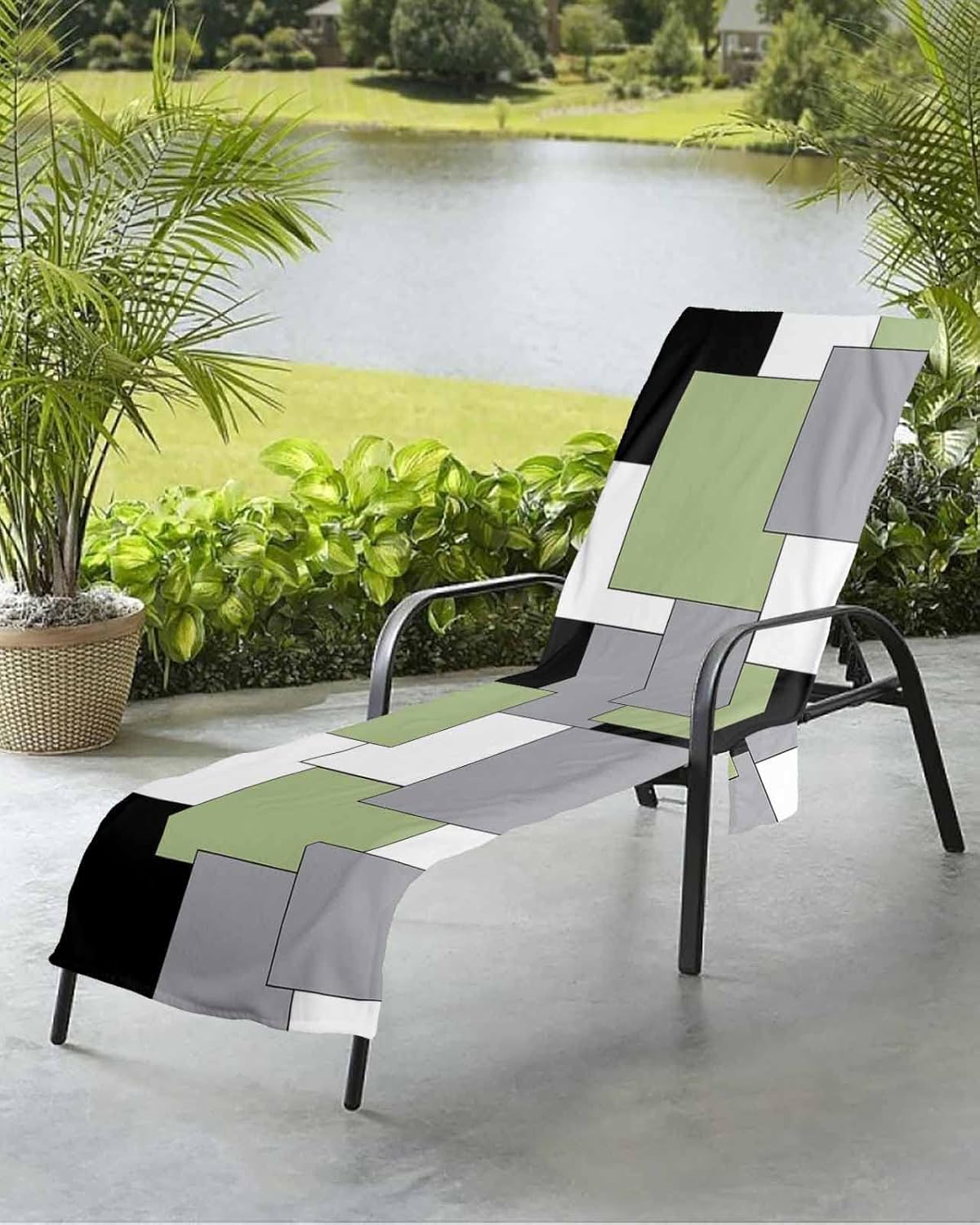 Middle Century Beach Pool Patio Lounge Chaise Chair Cover Towel With Pockets,Absorbent & Quick Dry Microfiber Towel Cover Bag Summer Accessories Green Grey White Abstract Patchwork Color Art