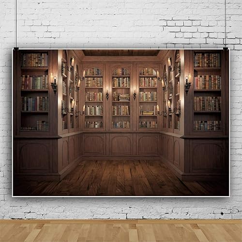 Miniatura 2 de OERJU Estantería de madera vintage de 7 x 5 pies, para interiores, biblioteca escolar, sala de estudio, fondo de fotografía, telón de fondo de