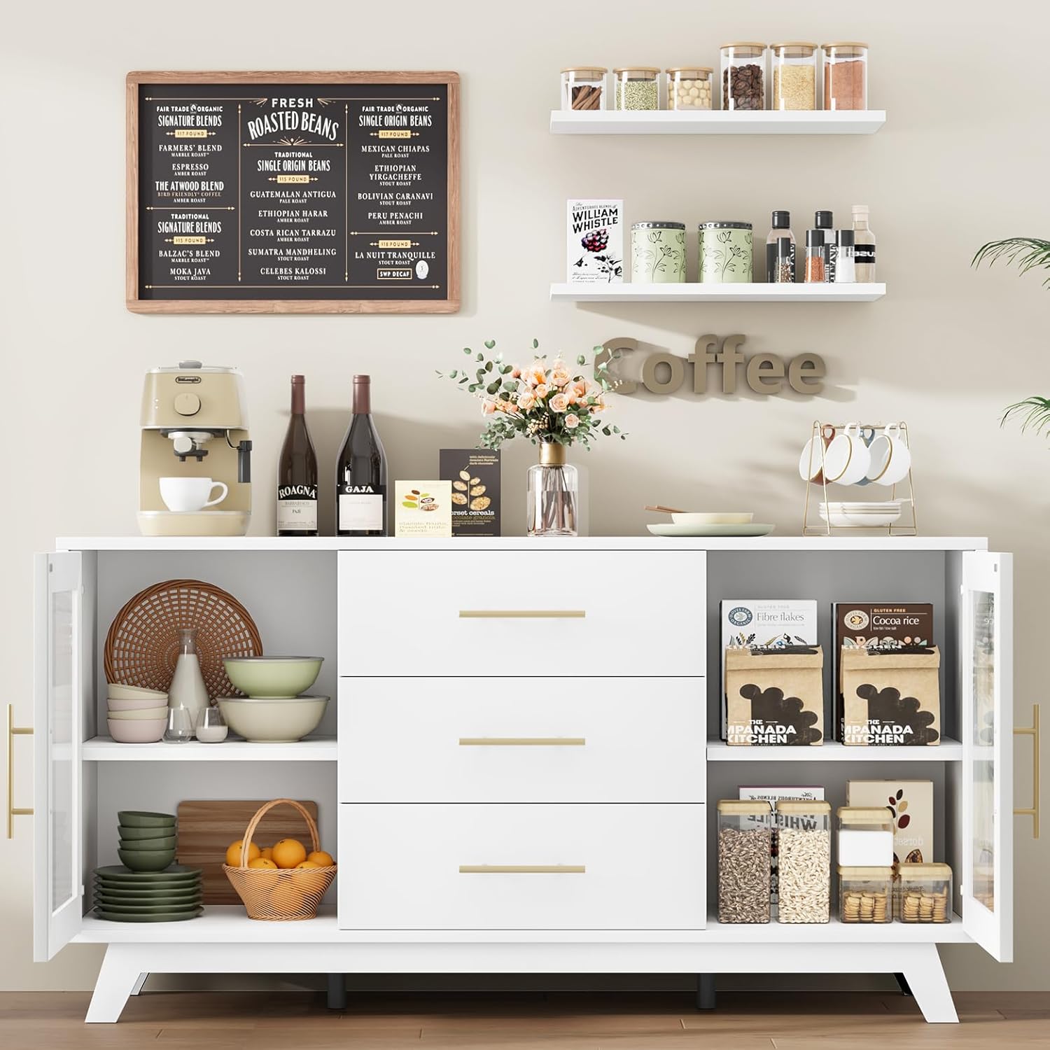 CABIHOME Buffet Cabinet, 56" Sideboard Buffet Storage Cabinet with Adjustable Shelves and Fluted Glass Door, Modern Coffee Bar, Table for Kitchen, Dining Room, White