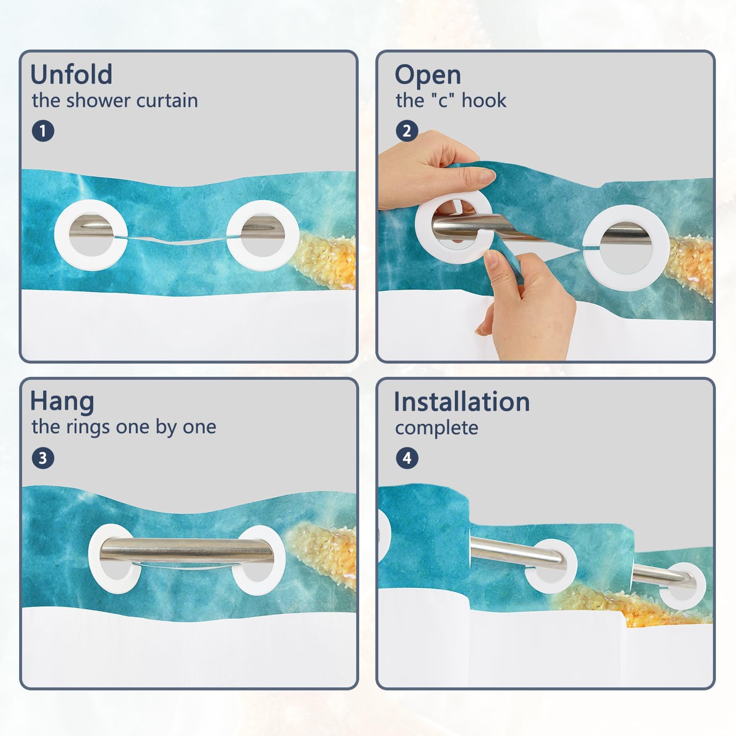 Beach Starfish No Hook Shower Curtain with Snap in Liner Set, Double Layers Waterproof Fabric Shower Curtain with Top Mesh Window, Tropical Ocean Beach Theme Bathroom Curtains, 71x74 Inch