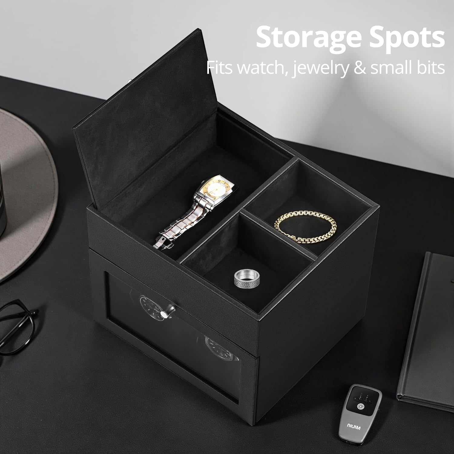 LLS Automatic Double Watch Winder with Storage Box, Japanese Quiet Motor, Adjustable Watch Pillows, Black PU Leather