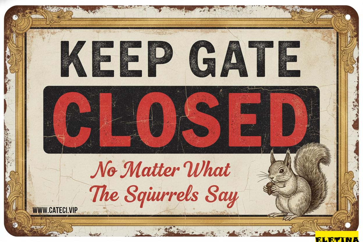 Keep Gate Closed Squirrels Say Tin Sign, 8x12 Inch