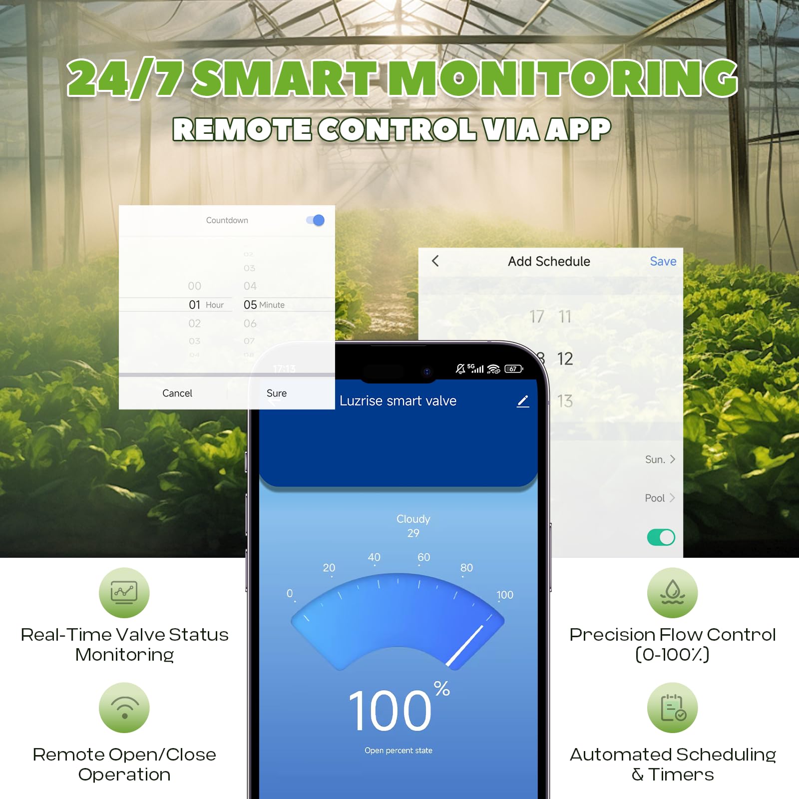Válvula de bola motorizada inteligente con control remoto, apagado automático del agua, flujo ajustable del 0 al 100%, temporizador programable, monitoreo en tiempo real (acero inoxidable