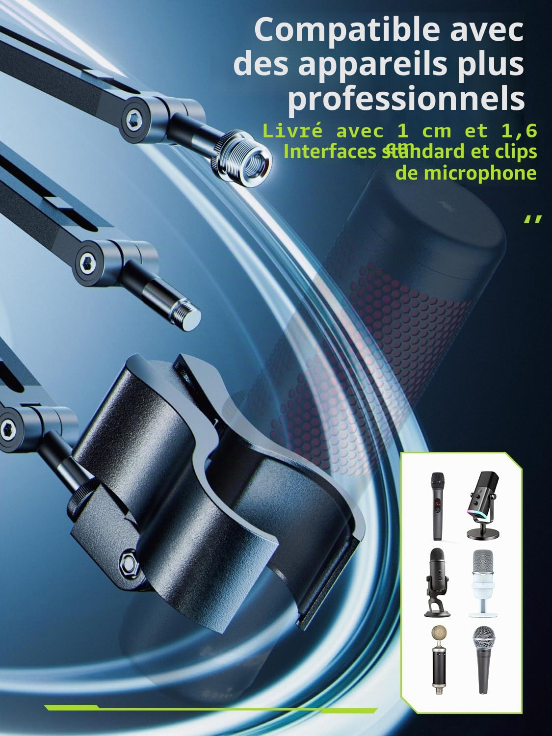 CACENCAN M05 Bras perche, support de microphone rotatif à 360° avec support de bureau, bras de micro de bureau pliable avec adaptateur à vis de 3/8" à 5/8", bras de microphone pour diffusion (Noir)