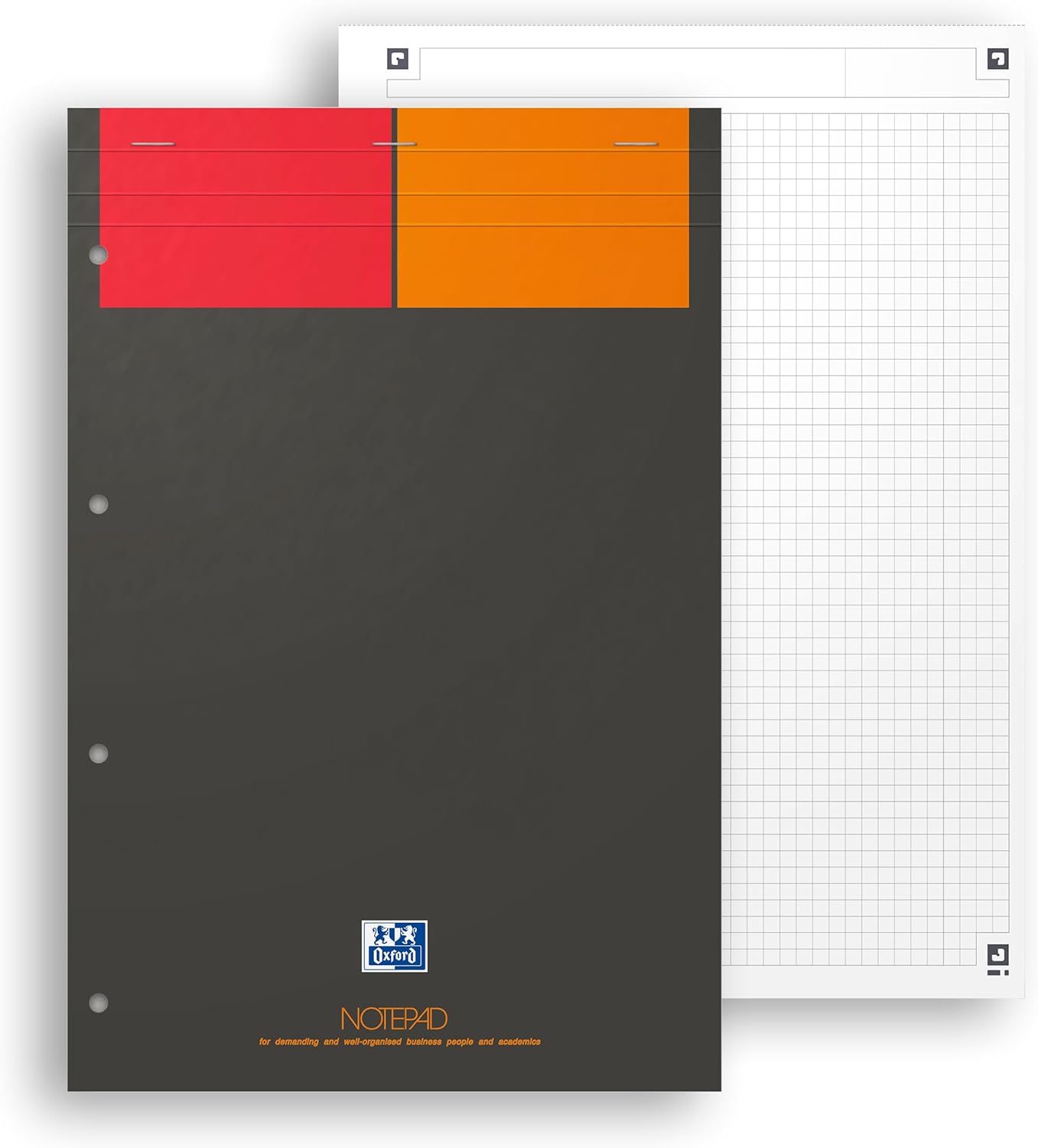 OXFORD 100101876"International" Notepad | 1 Piece | A4 + | 80 GSM | Checkered 5 mm | 4-Hole Perforated | 160 Sheets | Notepad with stapling | Gray