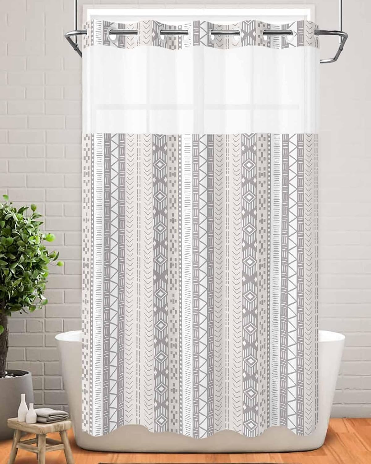 Boho Stripes No Hook Shower Curtain with Snap in Liner Set,Abstract Polka Dot Rustic Tribal Patterns Waterproof Bath Curtain,See Through Mesh Top Window Bathtub Curtain for Bathroom Hotel 36"x72"