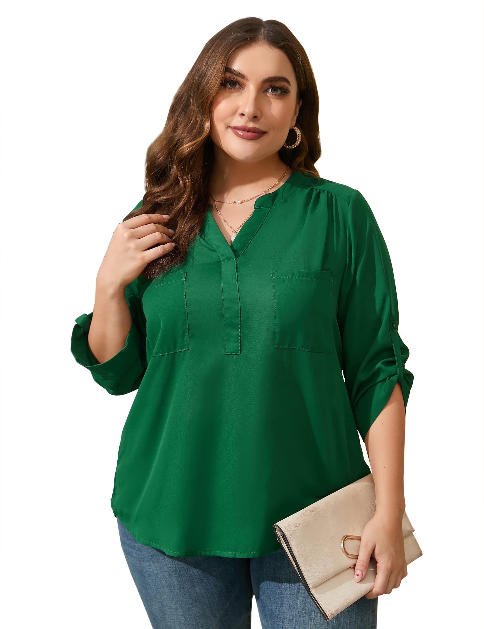 ShopWonderWomen’s Plus Size 3/4 Sleeve Tops Chiffon Blouse V Neck Shirts Work Tops with Pockets