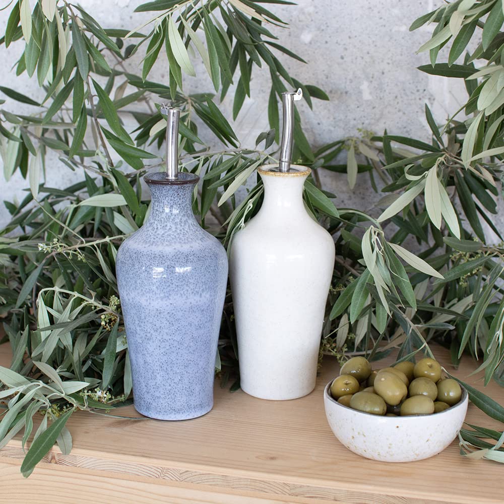 Lot de 2 Distributeurs D'Huile D'Olive et de Vinaigre, Bouteille en Céramique Grès 350ml, Crème + Bleu, BREEZY, Cª Atlântica