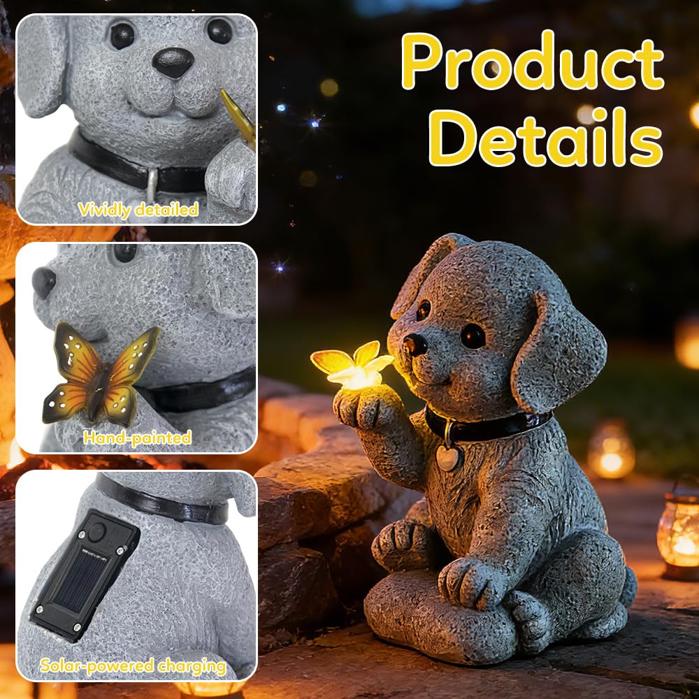 Figurine de Chien Solaire, Statue Solaire de Jardin Chien Ornament Outdoor avec Papillons Figurine d'animal de Jardin Lumière Solaire Statue Jardin Exterieur pour Cadeau de Pendaison de Crémaillère