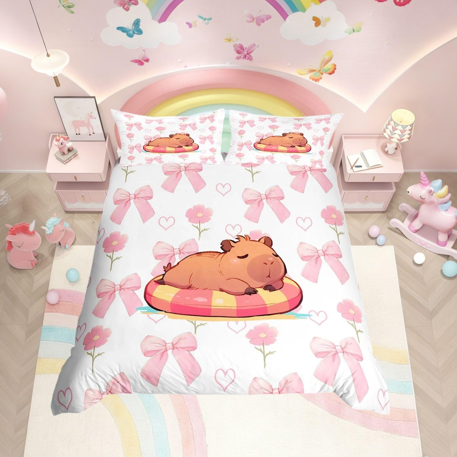 Homewish Girls Pink Bow Duvet Cover Set Cute Capybara Bedding Super King - Kawaii Capybara Animal Quilt Cover Princess Style for Kids Teens Bowknot Floral Bed Set with Pink Reverse - 2 Pillowcases