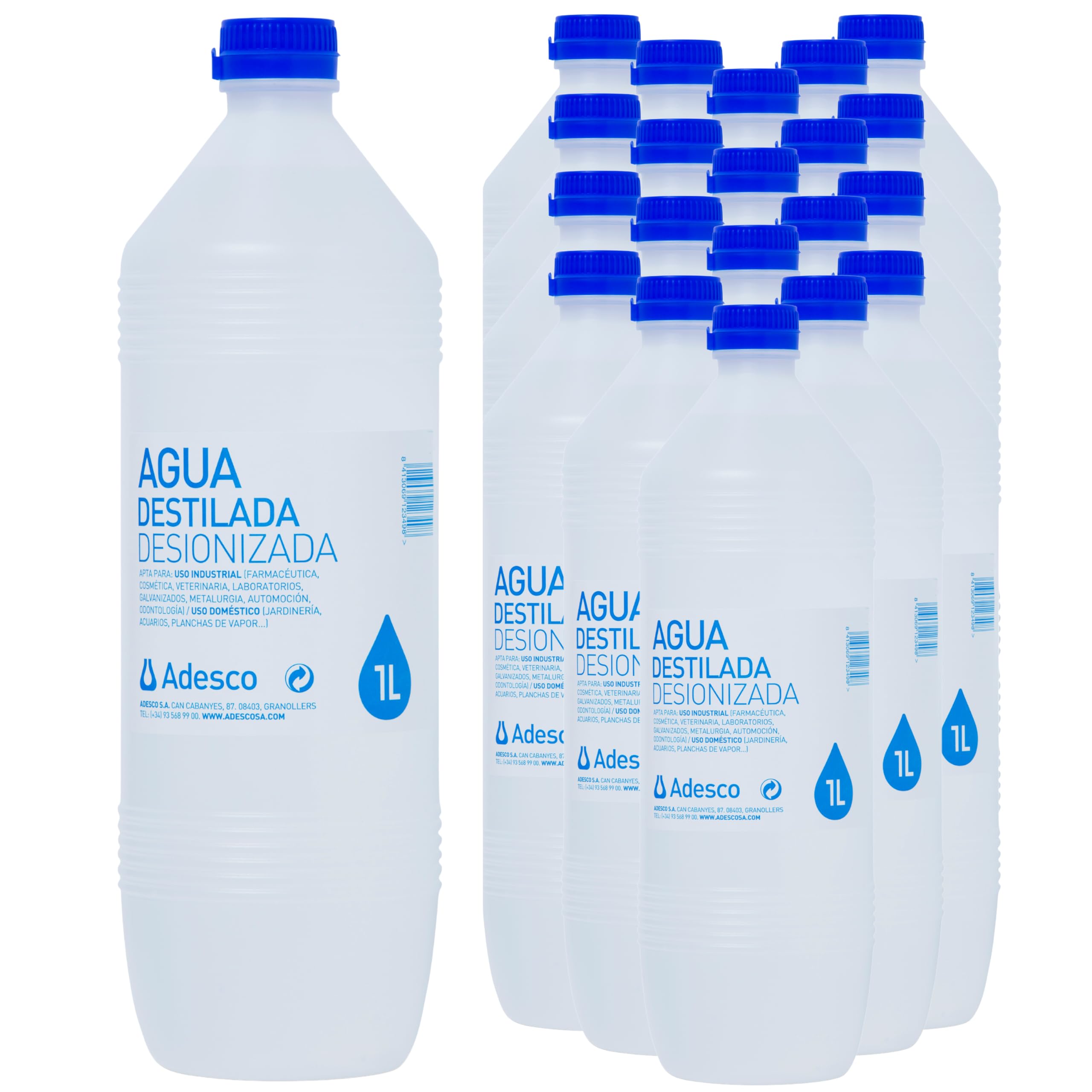 Adesco, Agua destilada 20L., agua desionizada, agua para plancha, maquinas, uso hospitalario, tatoo. (20 L)