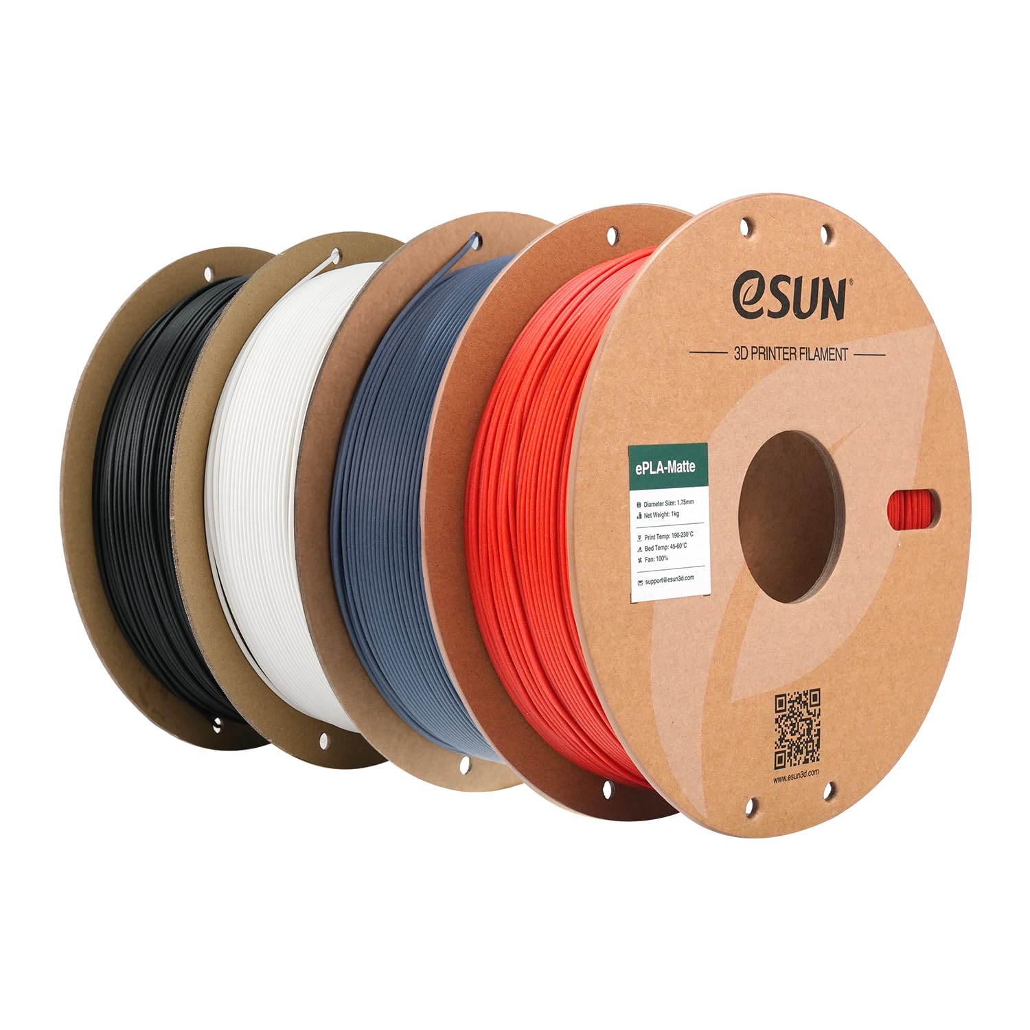 eSUN Filamento per Stampante 3D PLA Opaco Aggiornato, Filamento PLA Opaco da 1.75mm, 1 kg per bobina, 4 bobine per stampanti 3D, Nero ebano+Bianco crema+Grigio scuro+Rosso fuoco