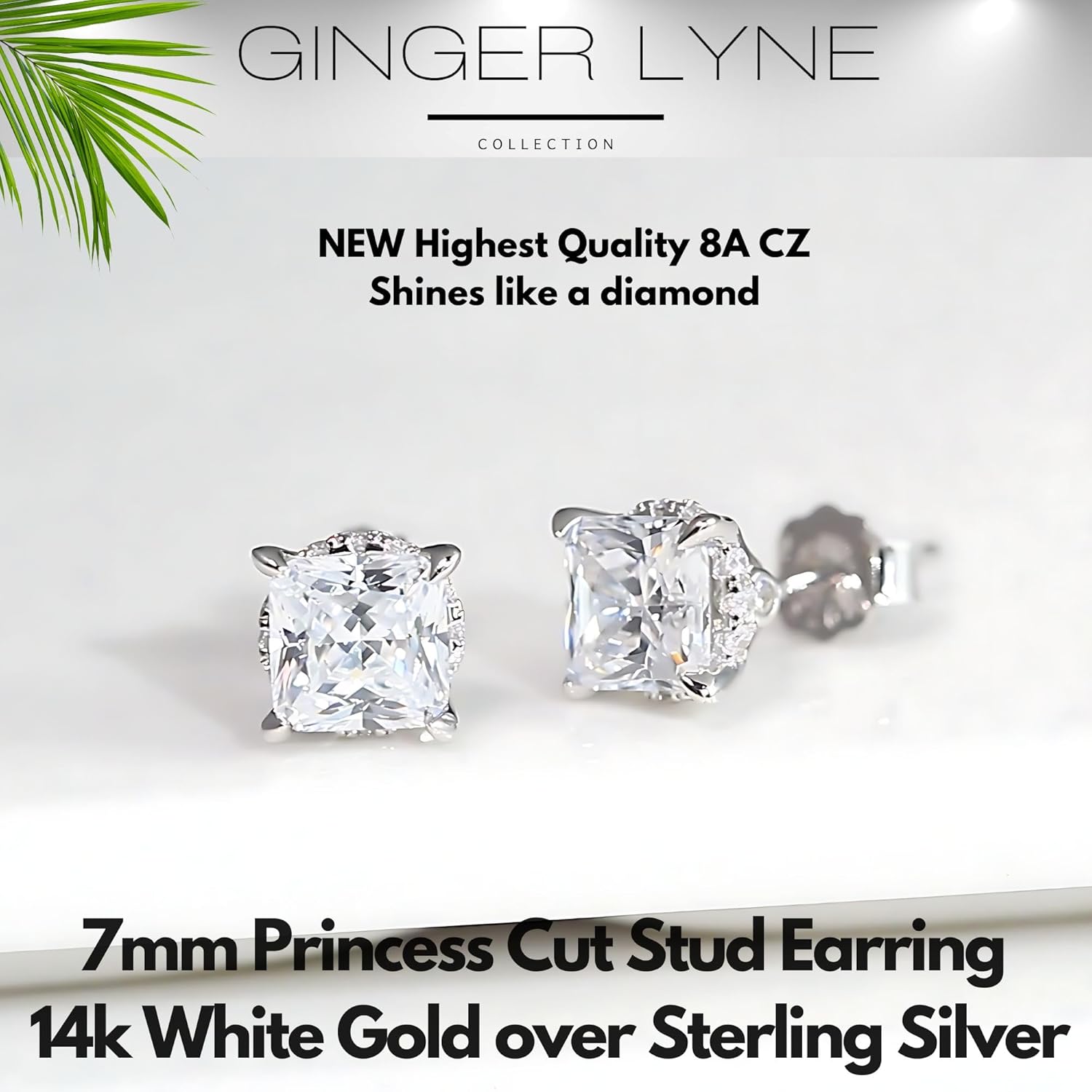 Faux Diamond Stud Earrings For Women by Ginger Lyne | 14k White Gold-Plated Sterling Silver Cubic Zirconia Earring Studs for Her 7mm 4 ct Princess Cut Pierced Minimalist Body Jewelry - Image 2