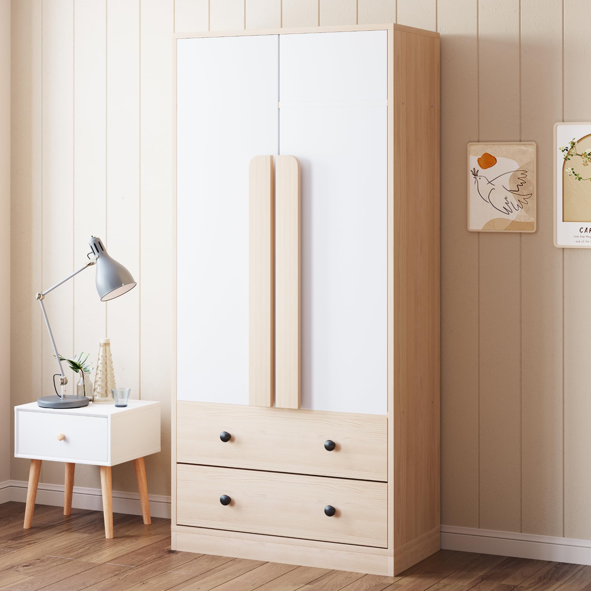 Armadio 70 x 40 x 170 cm, design a doppia ante, con cassetti e ripiani, colore legno + bianco