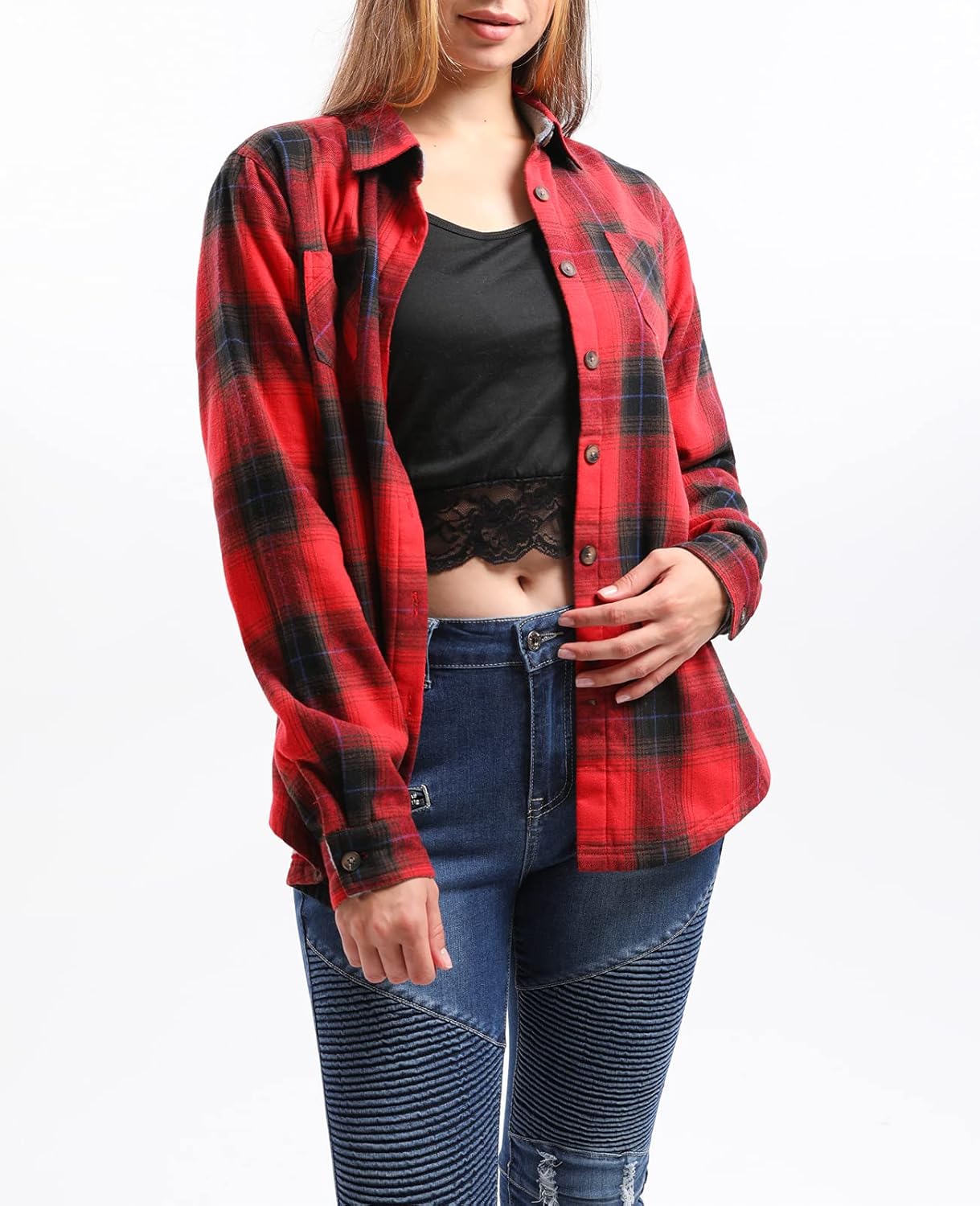 ZENTHACE Women's Thermal Fleece Lined Plaid Button Down Flannel Shirt Jacket - Image 3