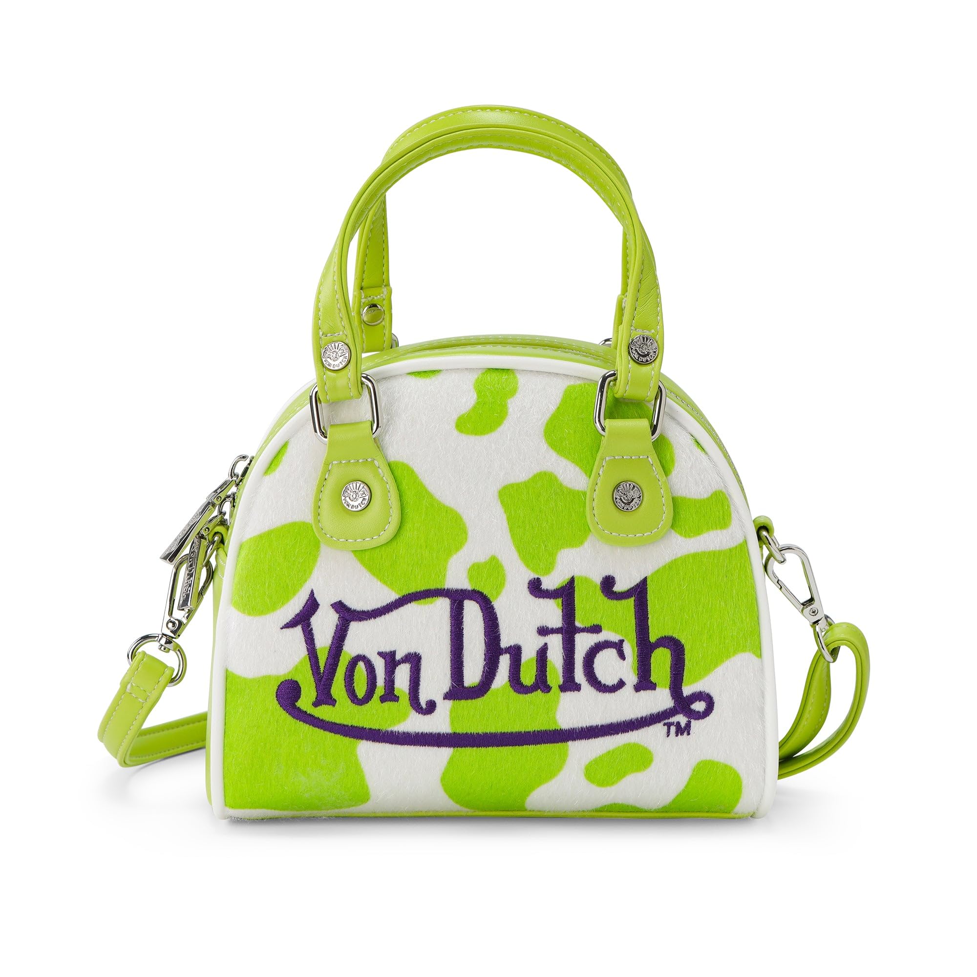 Von Dutch Womens Cow Print Bowling Bag Purse - Stylish Women's Handbag with Adjustable Strap, Spacious Interior, and Vegan Faux Fur (Lime Green)