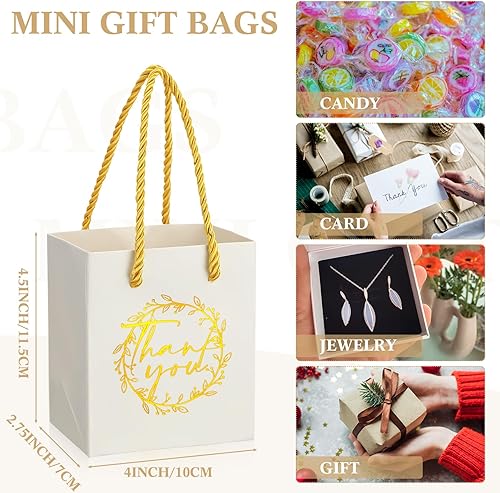 Miniatura 2 de Yeaqee 50 mini bolsas de regalo de agradecimiento con asas de 4 x 2.75 x 4.5 pulgadas, papel de aluminio dorado para boda, regalo de despedida de