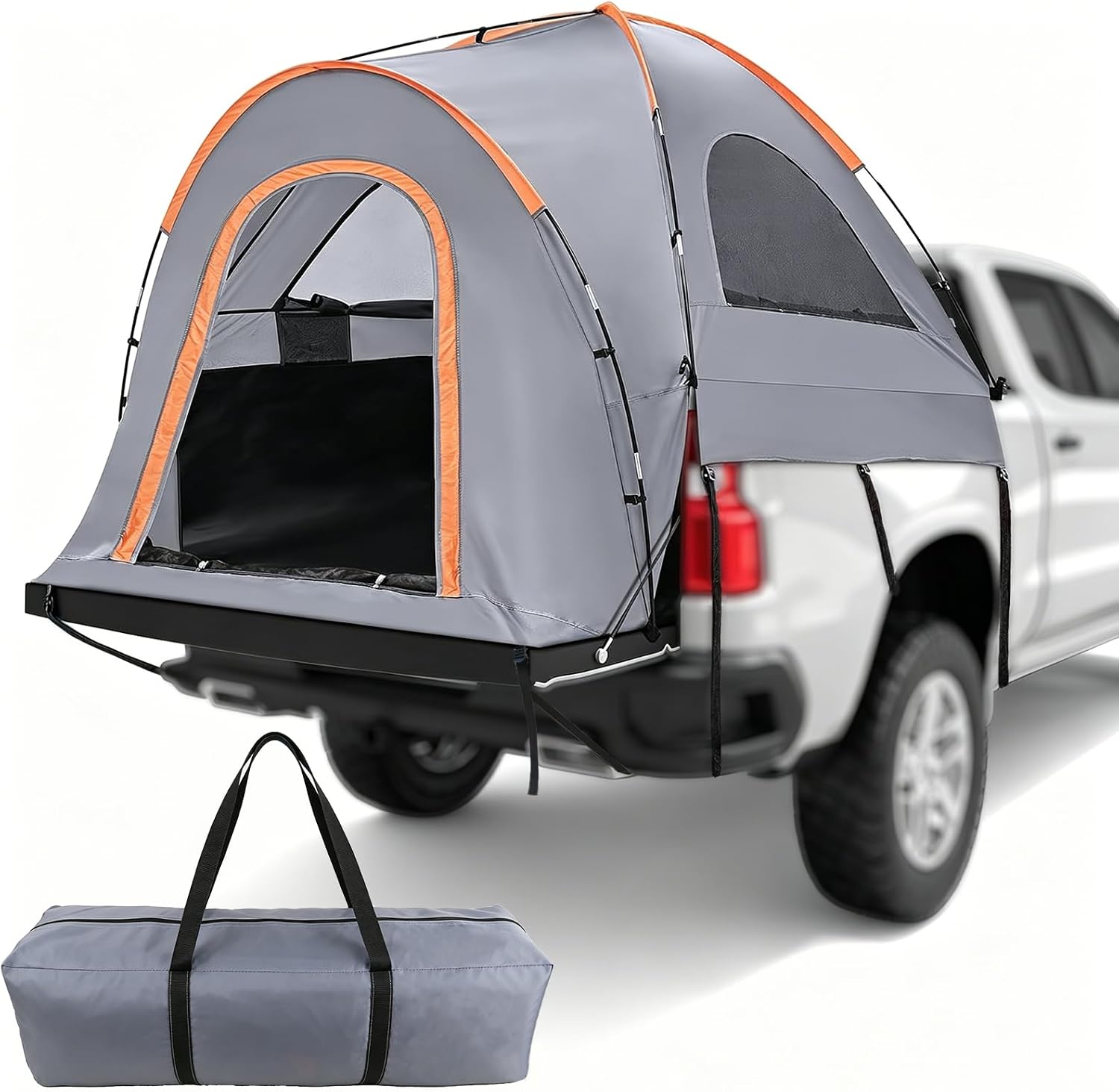 Truck Bed Tent for 5.2-5.8 FT Full Size Short Pickup Beds, 2 Person Waterproof PU2000mm Double Layer Camping Tent with Rainfly, Portable Pickup Truck Tent for Outdoor Travel, Orange Grey