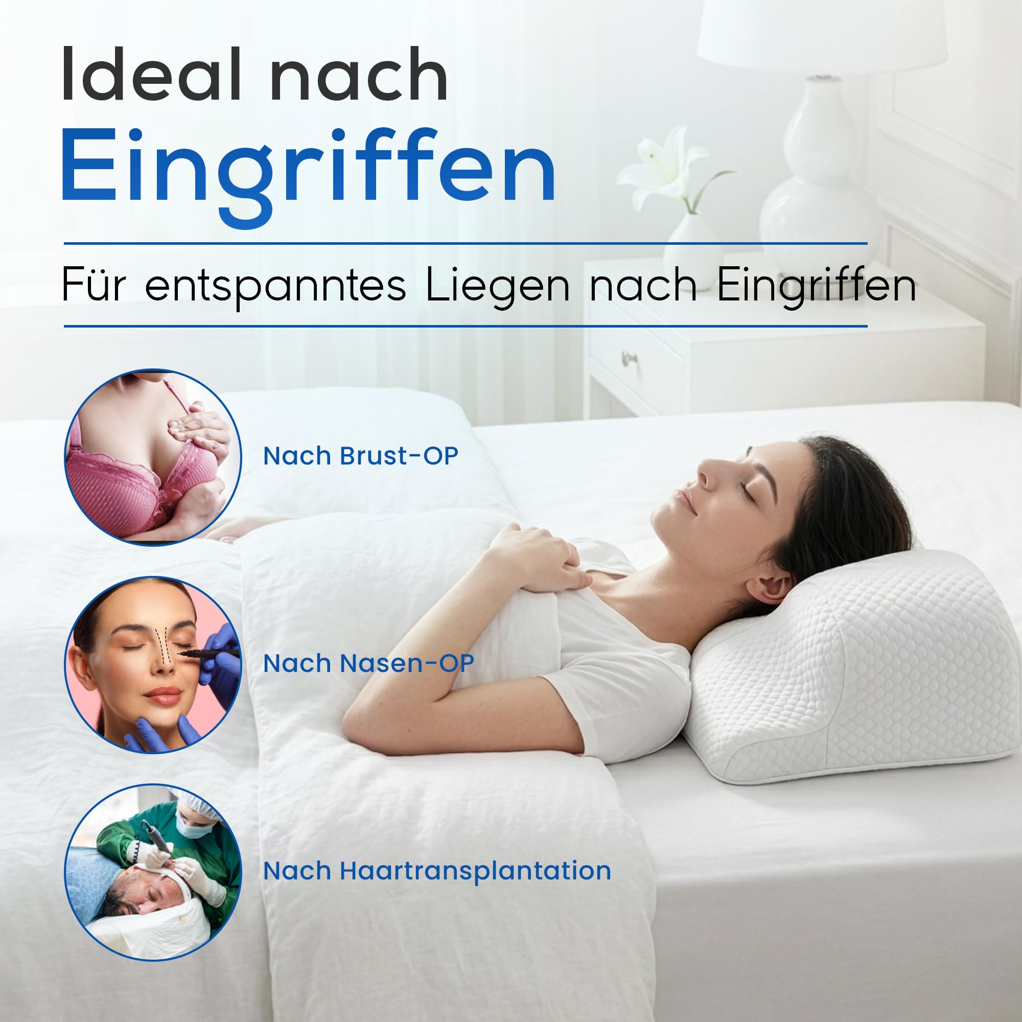 RelaxSleep Rückenschläferkissen Premium, ergonomisches Anti-Falten Kissen für stabile Rückenlage, nach Haartransplantation, Nasen-OP, Brust-OP, Botox & Beauty