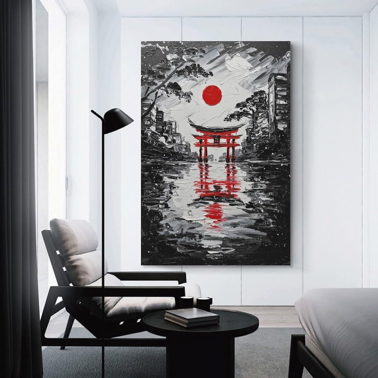 Junmoney Unframe-Style-13 Japanese Torii Gate Black And White Painting Home Decor Wall Art 24X36inch(60X90cm), For Lounge, Study, Hallway Or Flat Walls, Stylish Home Artwork For Focal Walls