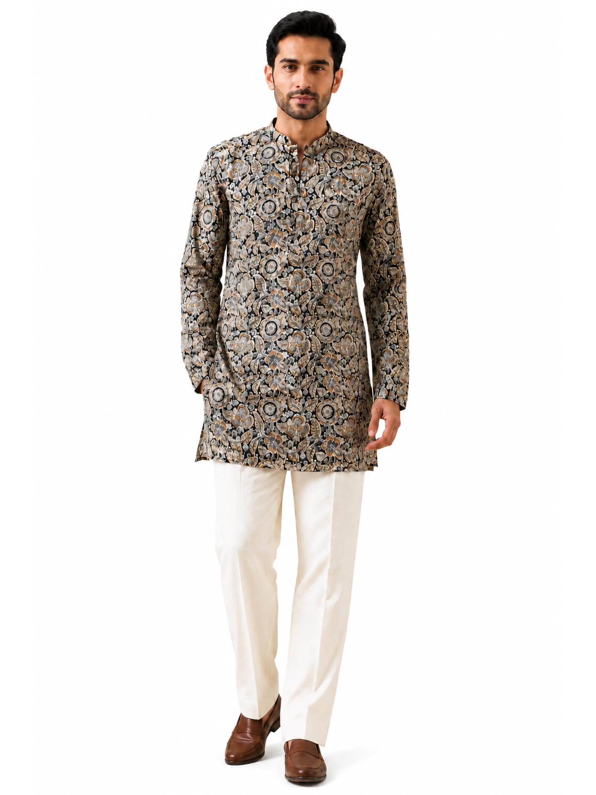 Men's Kalamkari Print Cotton Kurta with Cream Solid Pant Set | Ethnic Outfit-image-49