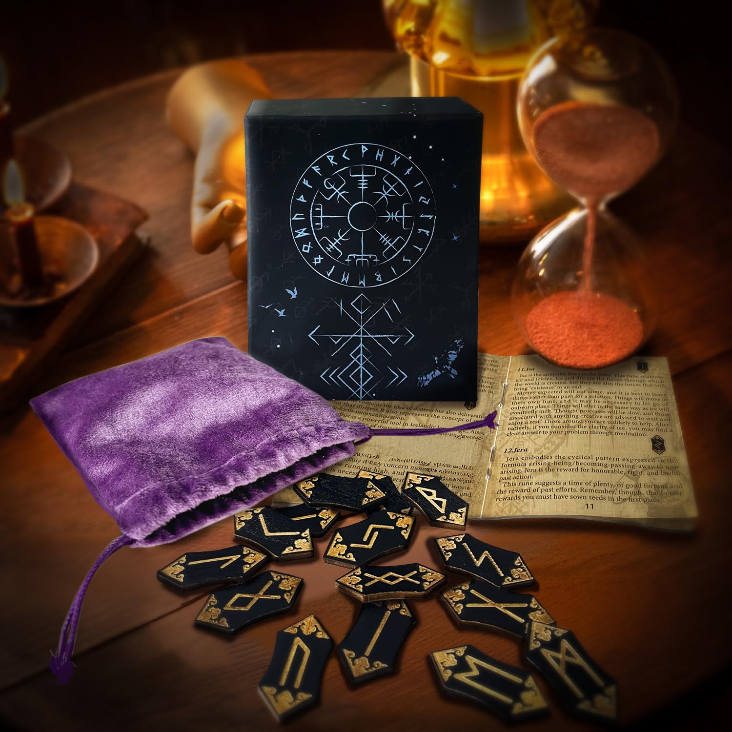 Runenset, 25 Stück hölzerne Wikinger-Runen, Runenstein-Set mit Begleitbuch, Samtbeutel, nordische Runen für Anfänger, Hexerei/Wahrsagerei/Meditation/Spiritualität