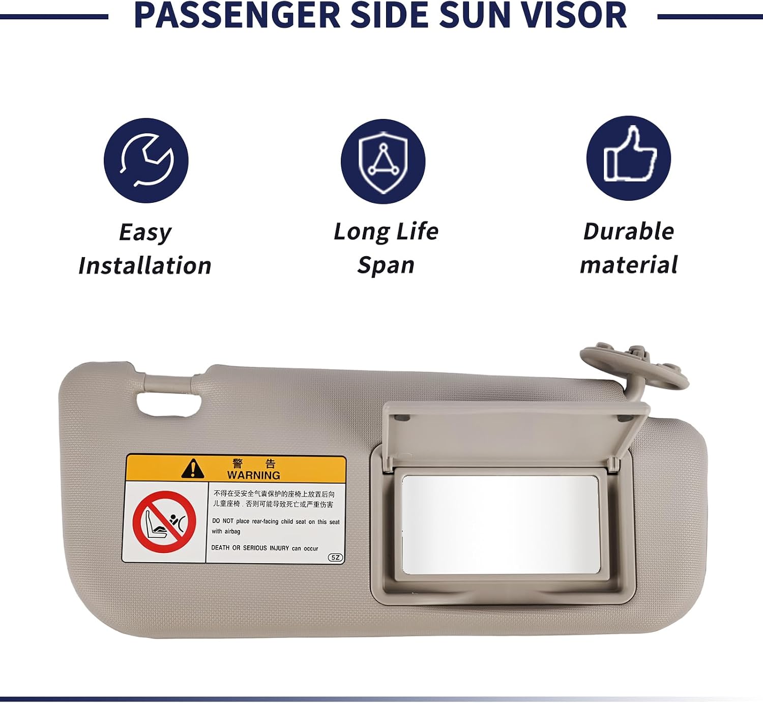 Passenger Side Sun Visor Fit for Toyota Corolla 2014 2015 2016 2017 Replace 74310-02G40-B0 Front Right | Sun Protection Shade | Makeup Mirror | Gray