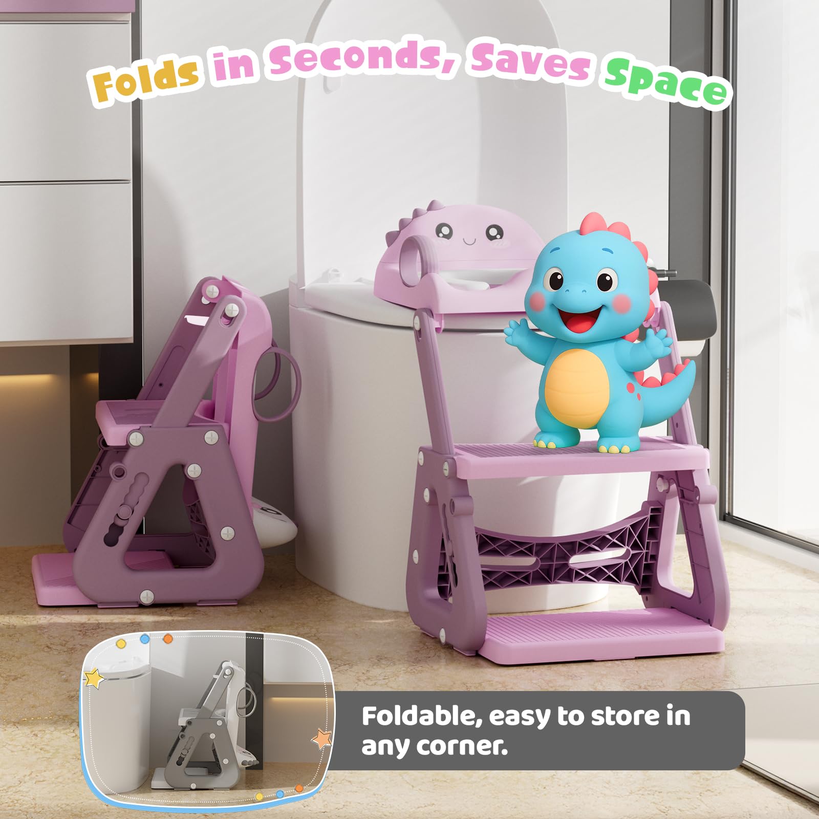 Riduttore Wc Bambini con Scaletta, 2 In 1 Scaletta Wc Per Water Bambini con Struttura a Triangolo, Paraspruzzi Estesi Regolabile e Pieghevole Sgabello Antiscivolo, Adattatore per Bambino e Cuscino