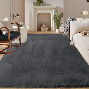 Latepis Living Room Rugs 8x10 Area Rugs for Living Room Dark Grey Faux Sheepskin Fur Rug for Bedroom Washable Fluffy Rug for Office Entertainment Home Décor