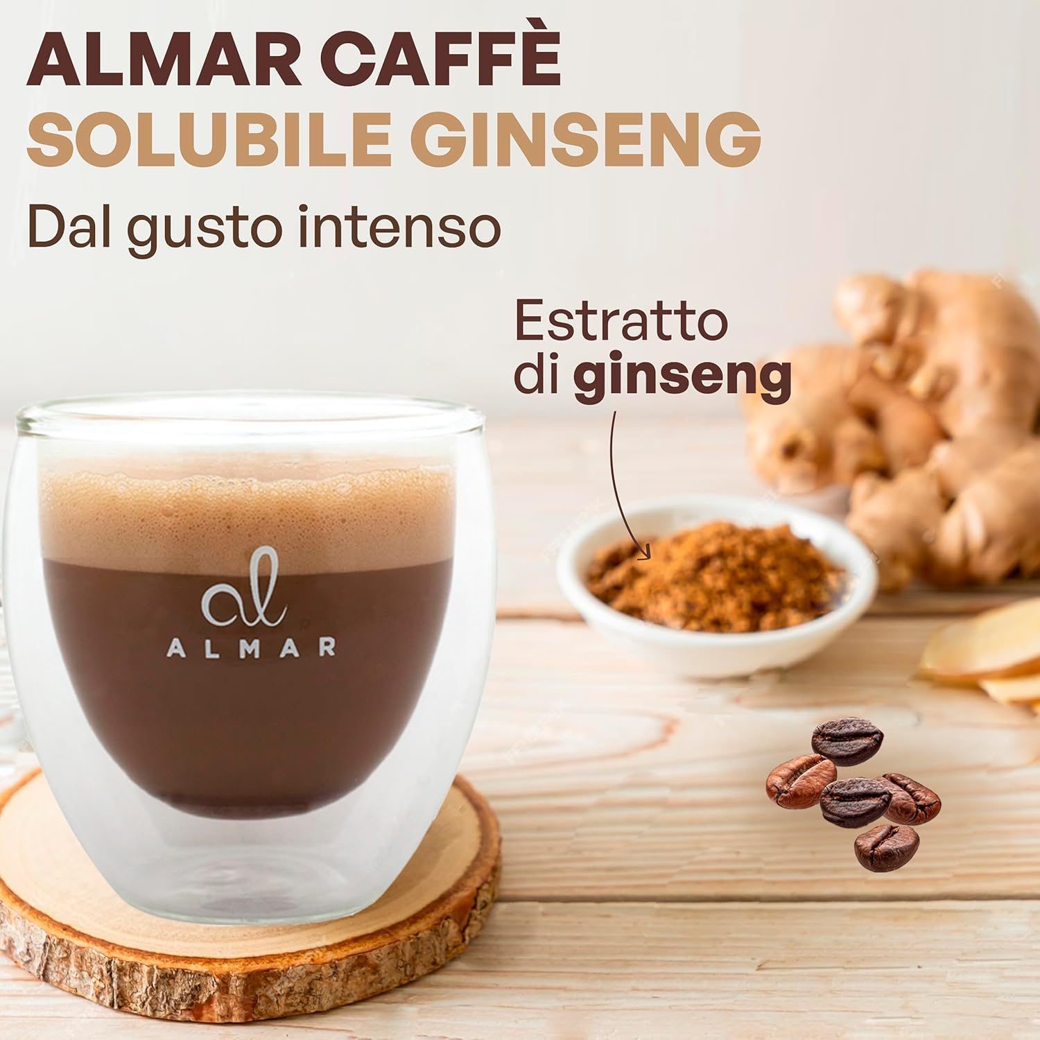 Almar Café de Ginseng Soluble Amargo sin Azúcar Añadido, Sin Gluten, 8x250 g (360 porciones), Calidad Profesional Para Hostelería y Hogar, Made in Italy