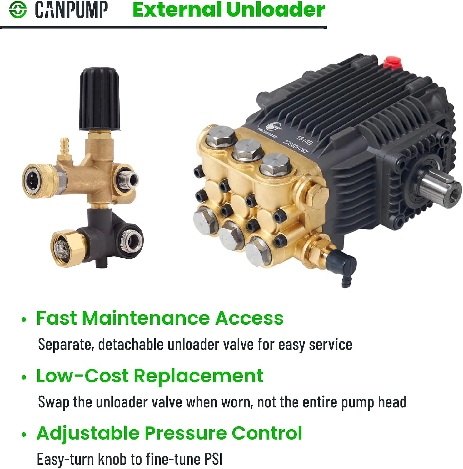 Canpump CF 3434 S: 3400 psi @ 3.4 US gpm Belt-Drive Pressure Washer Pump with External Unloader, 24 mm Solid Shaft, Max 1725 RPM, Horizontal Triplex Pump