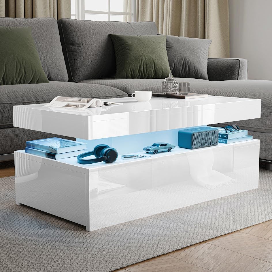 Blisswood High Gloss Coffee Table for Living Room, Rectangle Centre Table with 2 Drawer Storage, Modern Wooden Tea Table with LED RGB Lights for Home, Office & Living Room Furniture - White