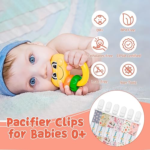 Miniatura 3 de Babygoal Clips florales para chupete, paquete de 6 soportes y correa para niños y niñas, se adapta a la mayoría de los chupetes, estilos Binkie y