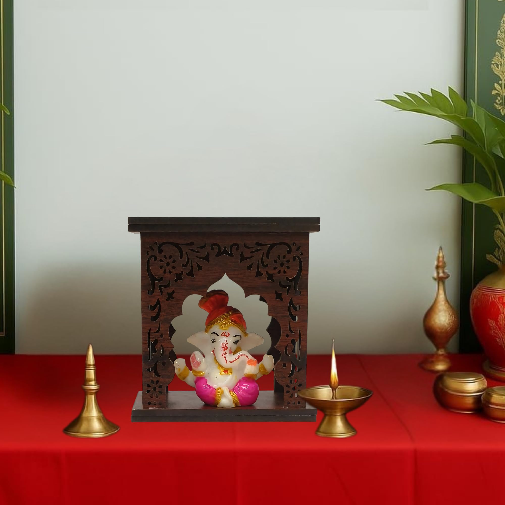 EXPLEASIA Pagadi Ganesha Idol with Wooden Temple for Home mandir| car Dashboard| Gift Items | Festival Item| showpiece| Temple Decor - Image 3 thumbnail