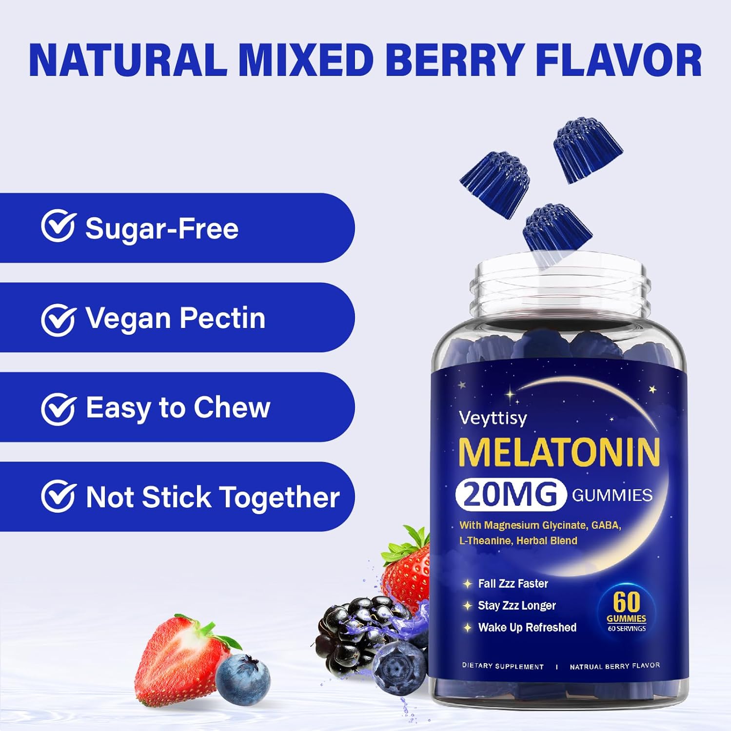 Melatonin 20mg Gummies for Adults - Max Strength Melatonin Gummy Supplement with Magnesium Glycinate, B6, B12, L-Theanine, GABA, & Herbs - Non-Habit Forming, Vegan, Natural Mixed Berry Flavor - Image 8