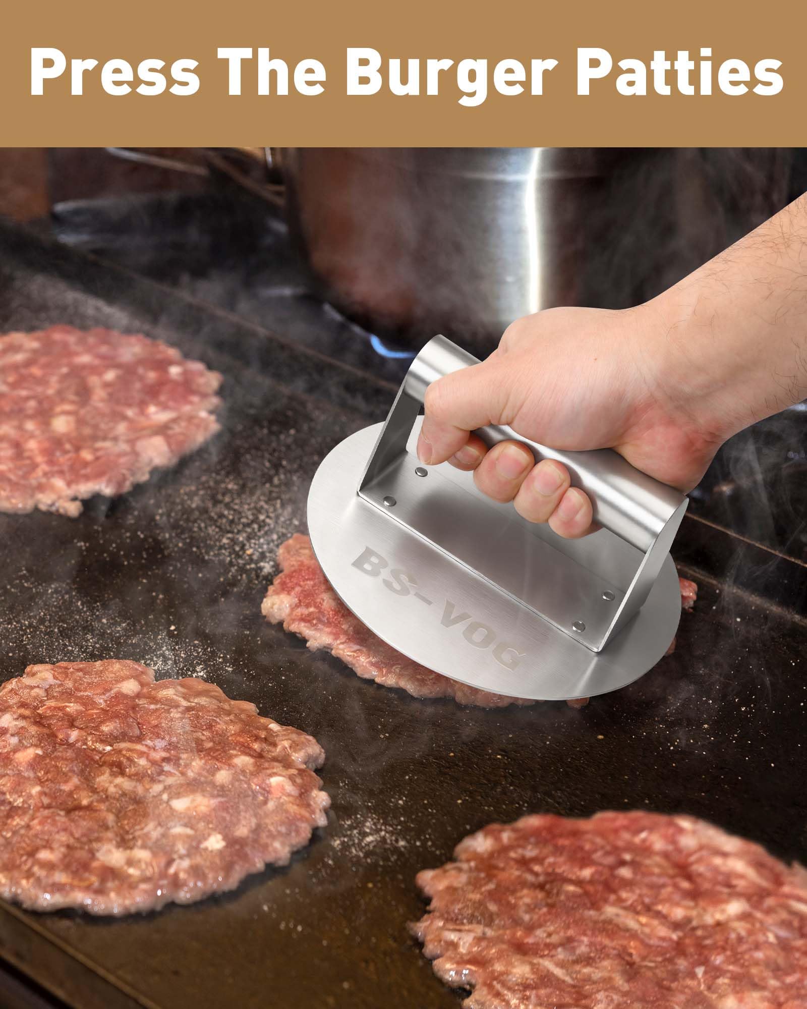 BS-VOG Kit Smashed Burger con Smashed Burger Press 6,2", Spatola & Spargipolvere – Set di Accessori da Cucina in Acciaio Inox per Carne, Pancetta & Pressa per Hamburger