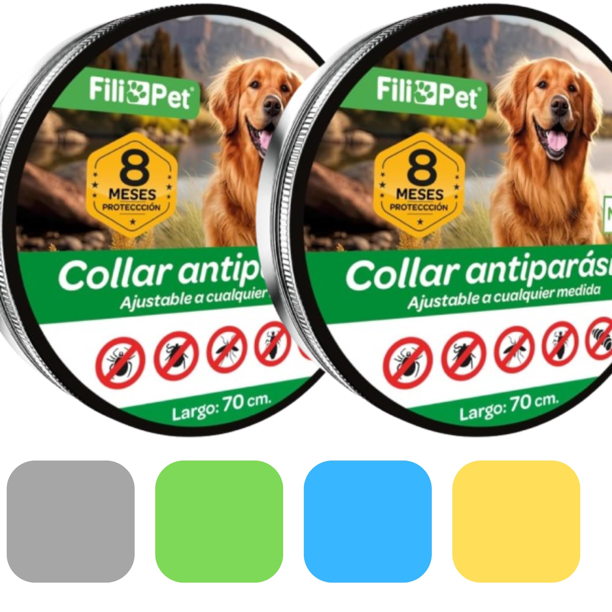 Collar Antiparasitario Perros |Desparasitante Eficaz contra Pulgas, Garrapatas, Mosquitos y Piojos | Resistente al Agua | Ajustable 70cm | 8 Meses de Protección | Pack 2 Collares (Verde, 70cm)