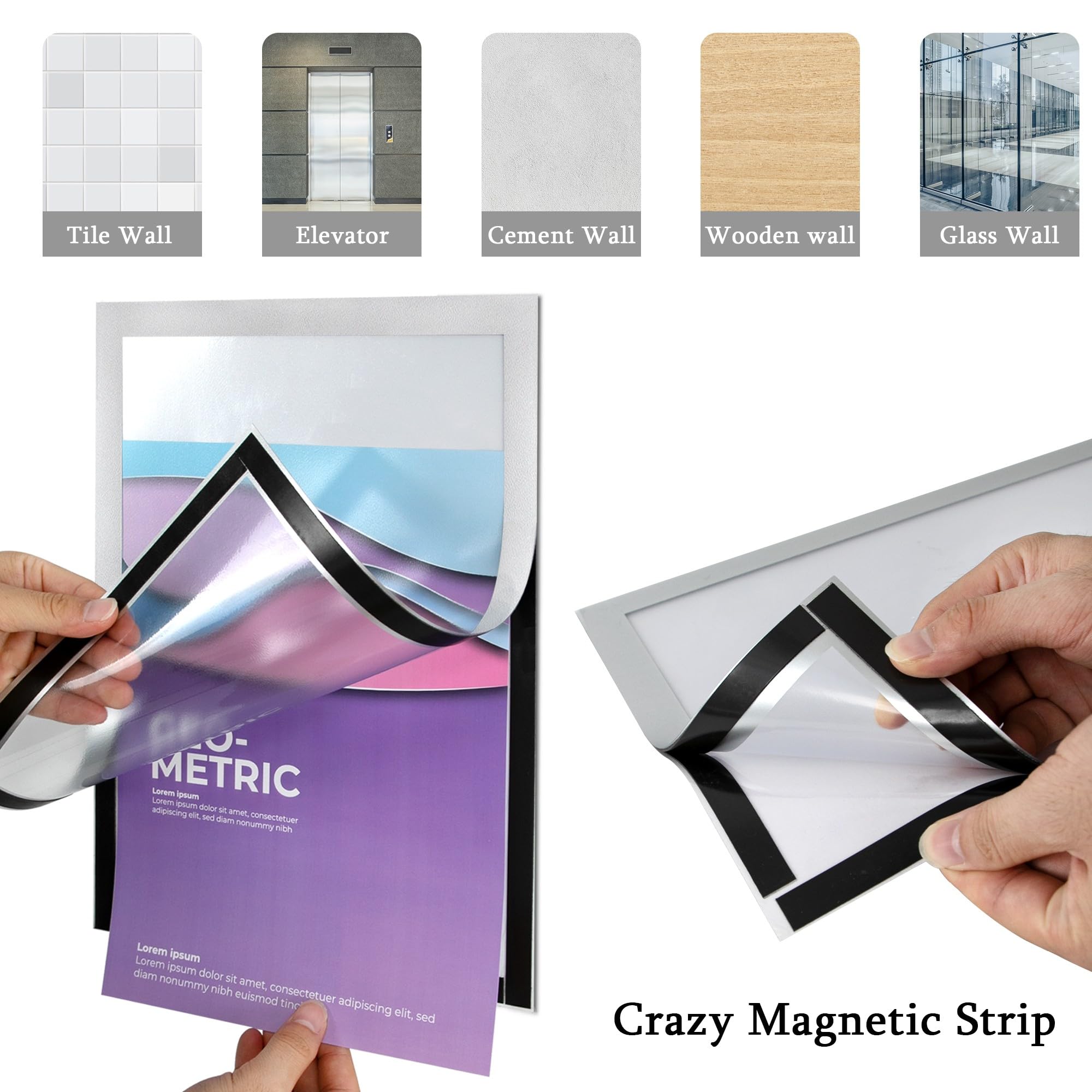 6 Pièces Cadre d'Affichage Magnétique A4, Autocollant, Adhésif pour Signe Enseignes Pochette d'Information avec Fermeture Magnétique (Argent)