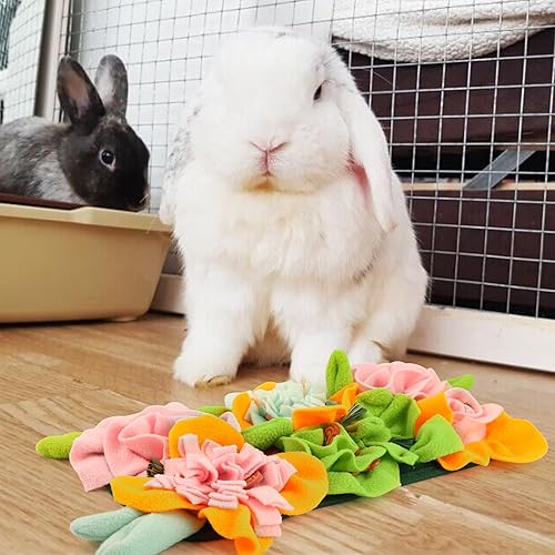 Rabbit Foraging Mat, 11.8" X 11.8" Interactive Feeding Game, Machine Washable Felt Fabric Pet Foraging Mat for Rabbits, Guinea Pigs, Hamsters, and Small Animals Anti Slip Feeding Mat Treat Dispenser(yellow)
