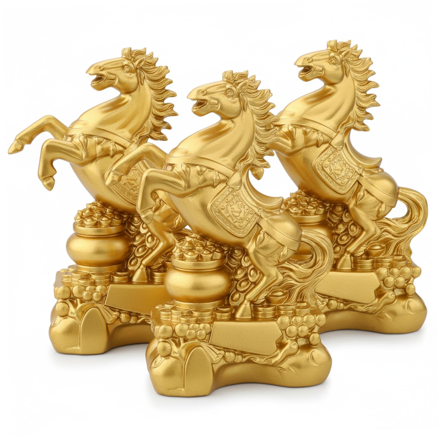 CAKEEYUM Lunar New Year Horse Set of 3 Golden Feng Shui Horse Statue for Home Office Desk Symbol of Success & Prosperity for Chinese New Year Decorations