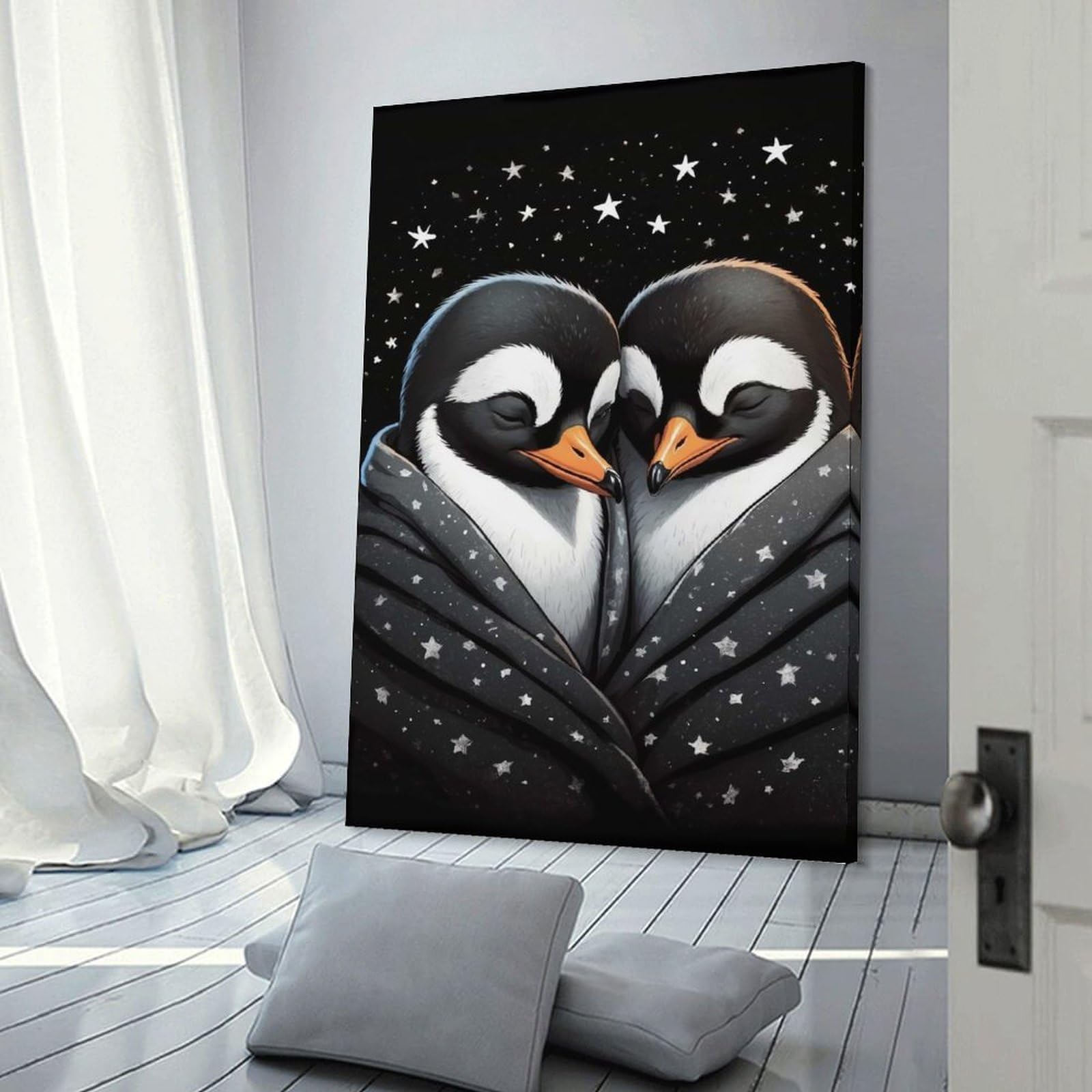 Junmoney Penguin Pair Wrapped in Starry Blanket Hanging Wall Art 24x36inch(60x90cm), for Bedroom Walls, Guest Spaces Or Lounges, Home Artwork with A Soft Interior Feel