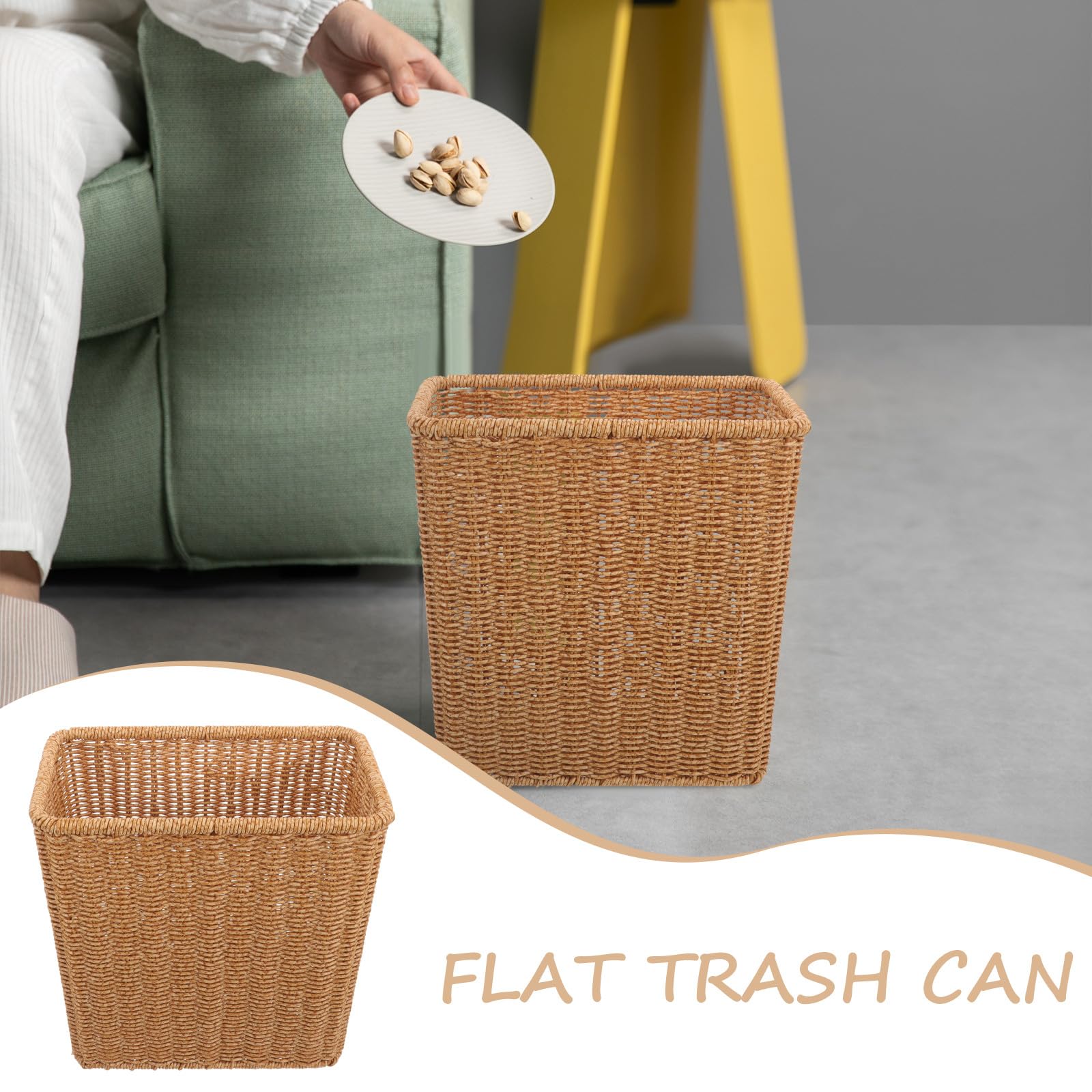 Cesta Mimbre Tapa Multifunción Ligera de Plástico Estilo Rústico para Almacenamiento y Basura Pequeña en Dormitorio o Baño