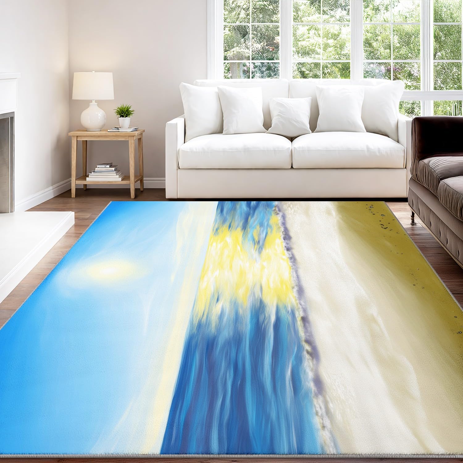 Generisch Dywan dla miłośników oceanu, 120 x 160 cm, szeroka morska plaża, niebieski, obraz, miękka mikrofibra, nadaje się do prania w pralce, do salonu, sypialni, kuchni i jadalni