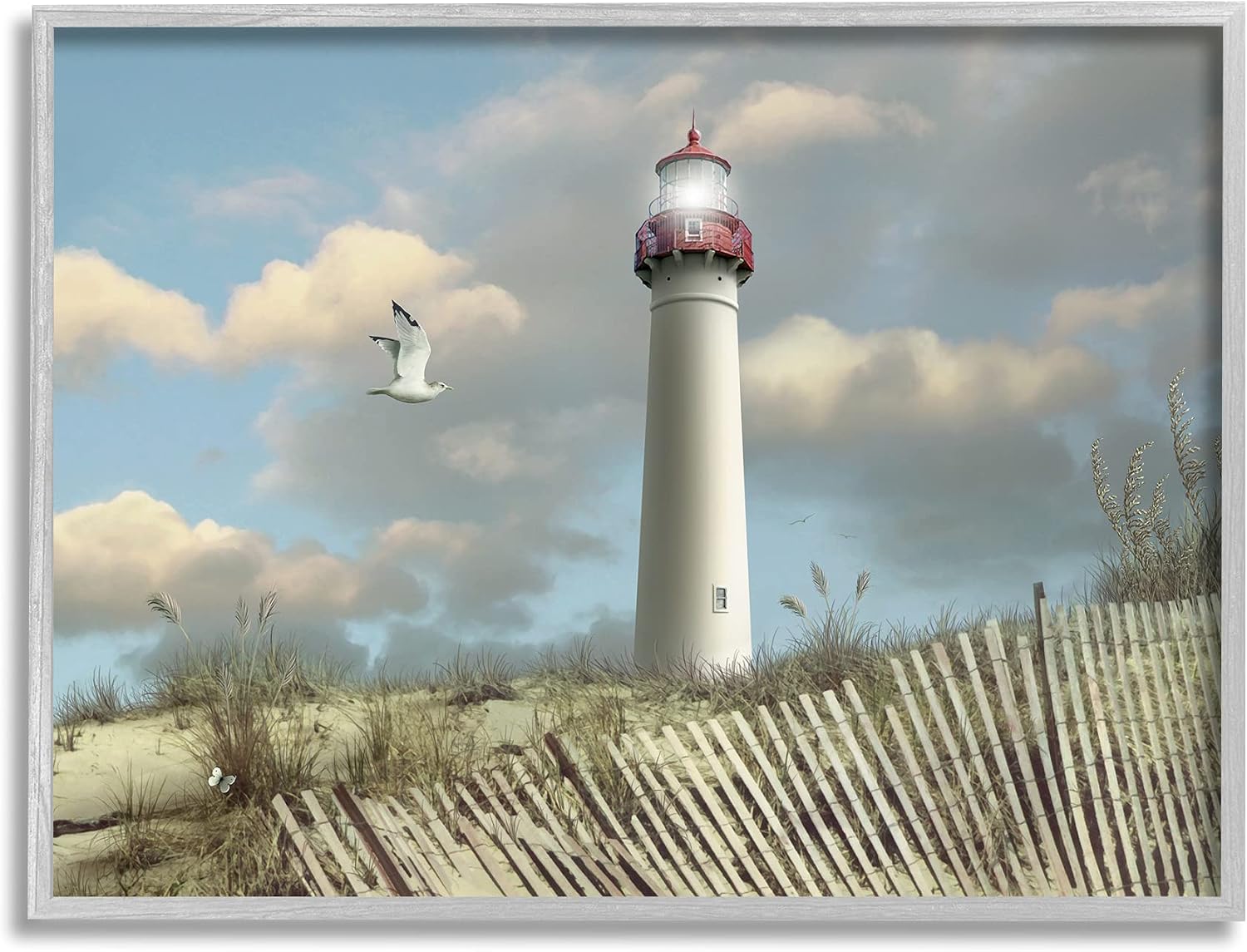 Stupell Industries 'Cape May Sand Dune Fence Lighthouse Beach Scene with Seagull', Framed Giclee Art, Gray, 20 x 16 Inches, Easy to Hang and Sturdy, Made in USA, by Alan Giana & Company
