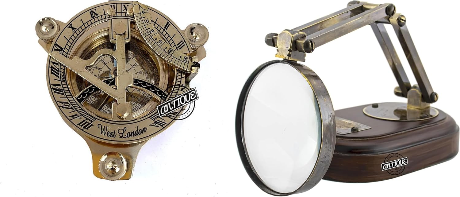 Maritime Pocket Sun Watch Compass X Brass Magnifying Glass with Wooden Stand Ideal giift