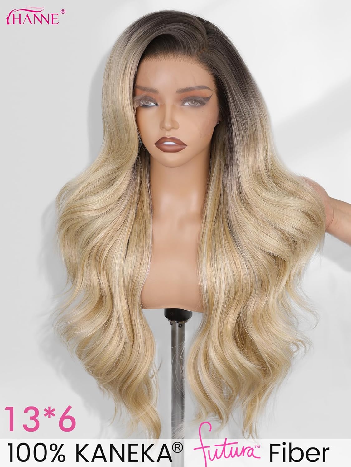 HANNE 13*6 Lace Front Wigs for Black Women Synthetic Pre Plucked Wavy Filp Curl Futura Fiber Glueless Wig Ombre Blonde Wigs HD lace frontal Wig Hair Replacement Wigs for Every Occasion (Ombre Blonde)