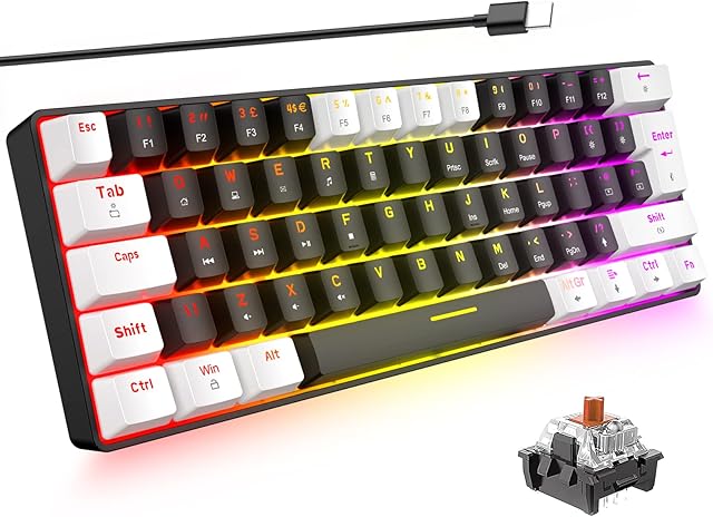 T60 60% gamingowa klawiatura mechaniczna, podświetlana RGB, 61 klawiszy, TKL, kompaktowy układ brytyjski, mini przewodowa klawiatura, brązowy przełącznik, lekka przenośna, Anti-Ghosting do Mac, PC,