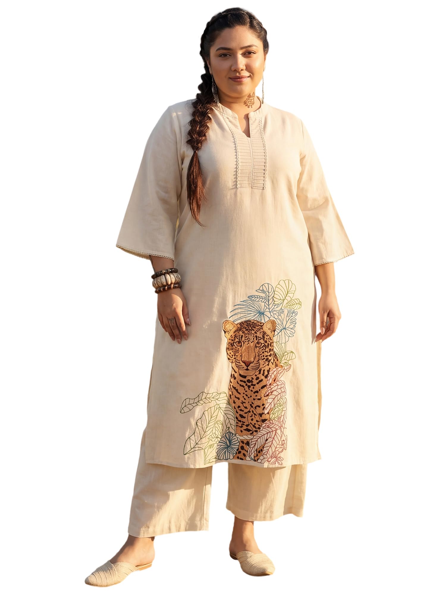 indo era Women's Pure Cotton Animal Embroidered Thread Work Plus Size Kurta & Pant Set-picture-16