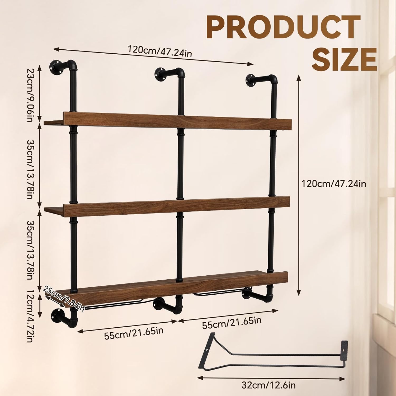 PAKASEPT 47.2” Wall Mounted Wine Rack with LED Light, Solid Wood Wall Mounted Wine Rack, 3-Tier Floating Bar Shelves with Wine Glass Rack for Home Bar Dining Room Decorative